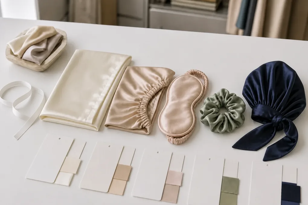 Five silk product samples grouped with neutral swatches, a measuring tape and blank component cards on a clean worktable