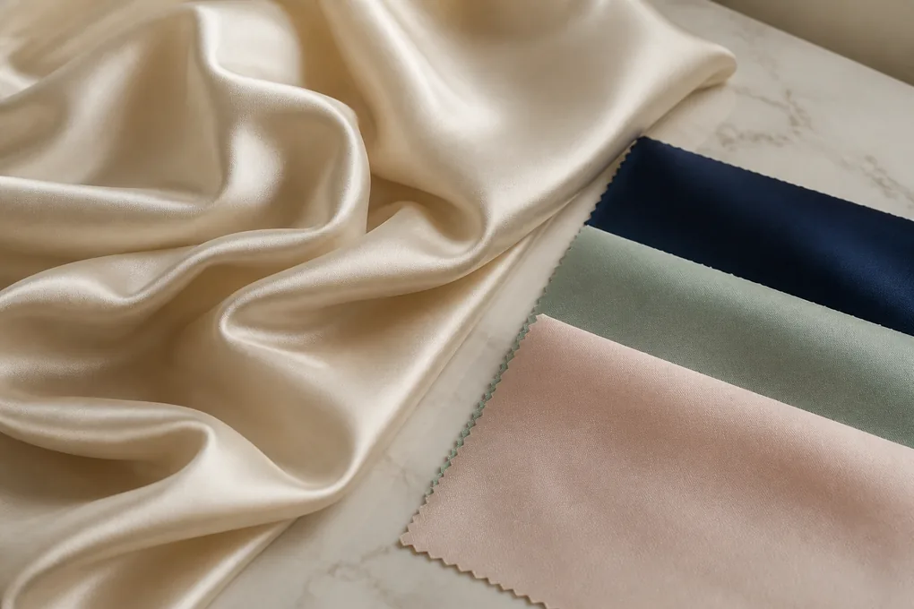 Champagne silk folded into loose cascading waves beside three distinct smooth woven silk swatches