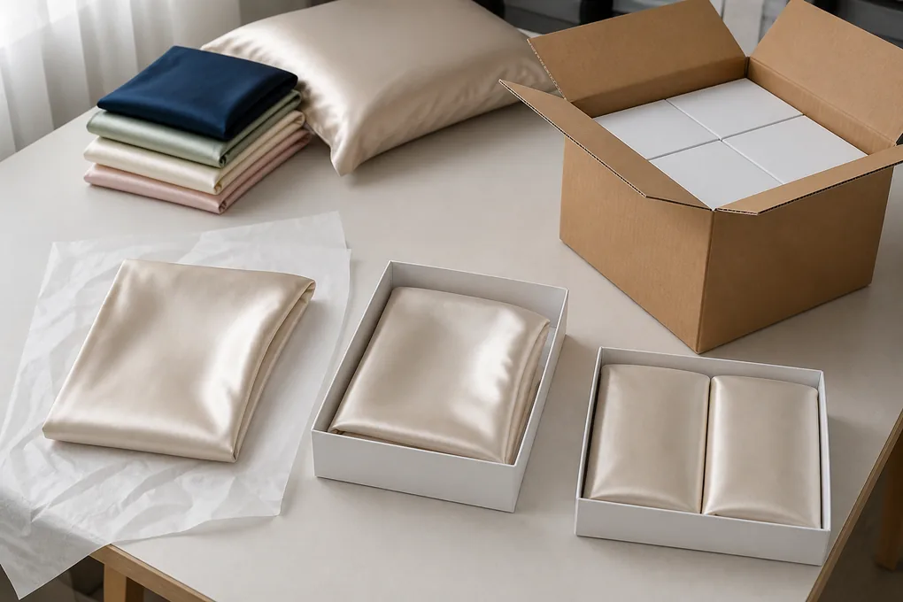 A silk pillowcase moving from protective tissue to a plain unit box, inner grouping and unmarked shipping carton
